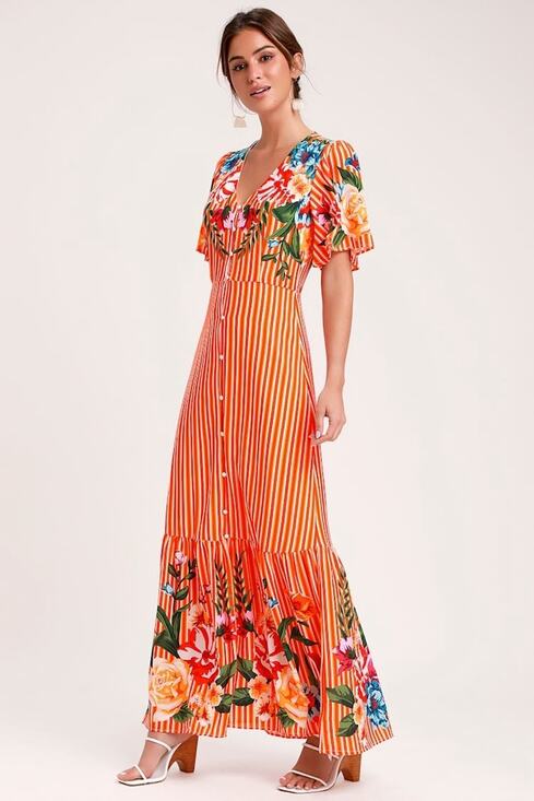 Lulus Dresses & Skirts - NWT Lulus Roam The Riviera Orange Floral Striped Button Up Maxi Dress M